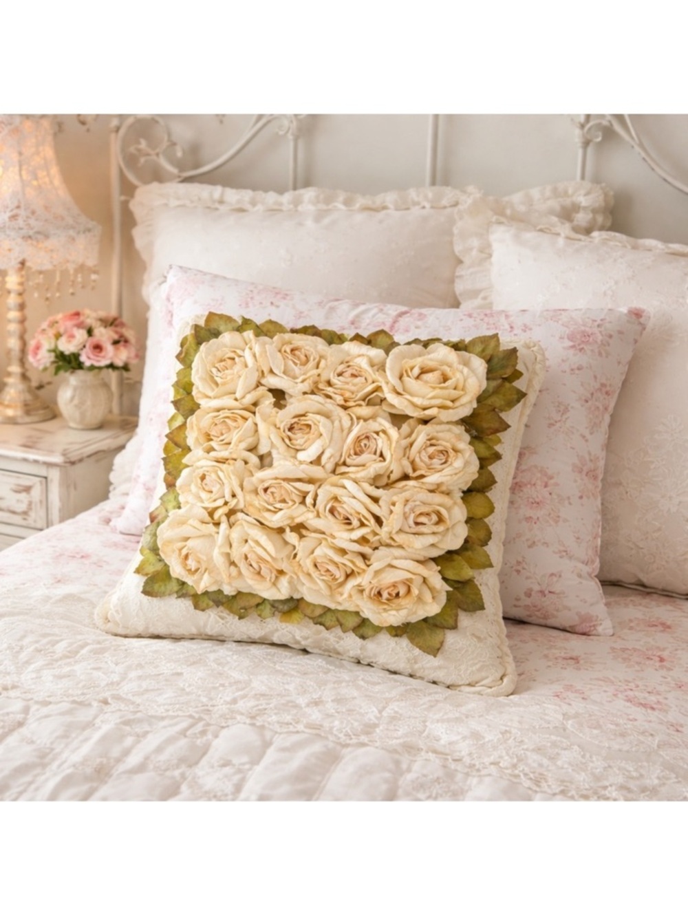 Vintage Handmade Pillow 3D Silk Flowers French Country Cottage Cream Ivory Roses - Picture 5 of 9